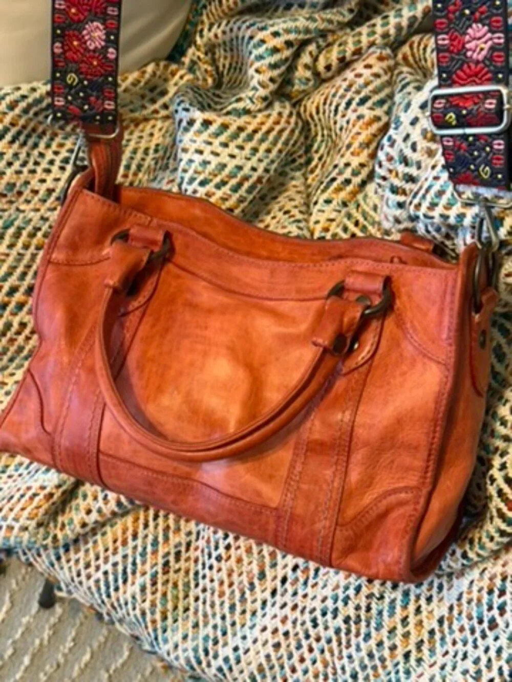 Frye Melissa Washed Leather Satchel Burnt Orange Boho Embroidered Strap EUC